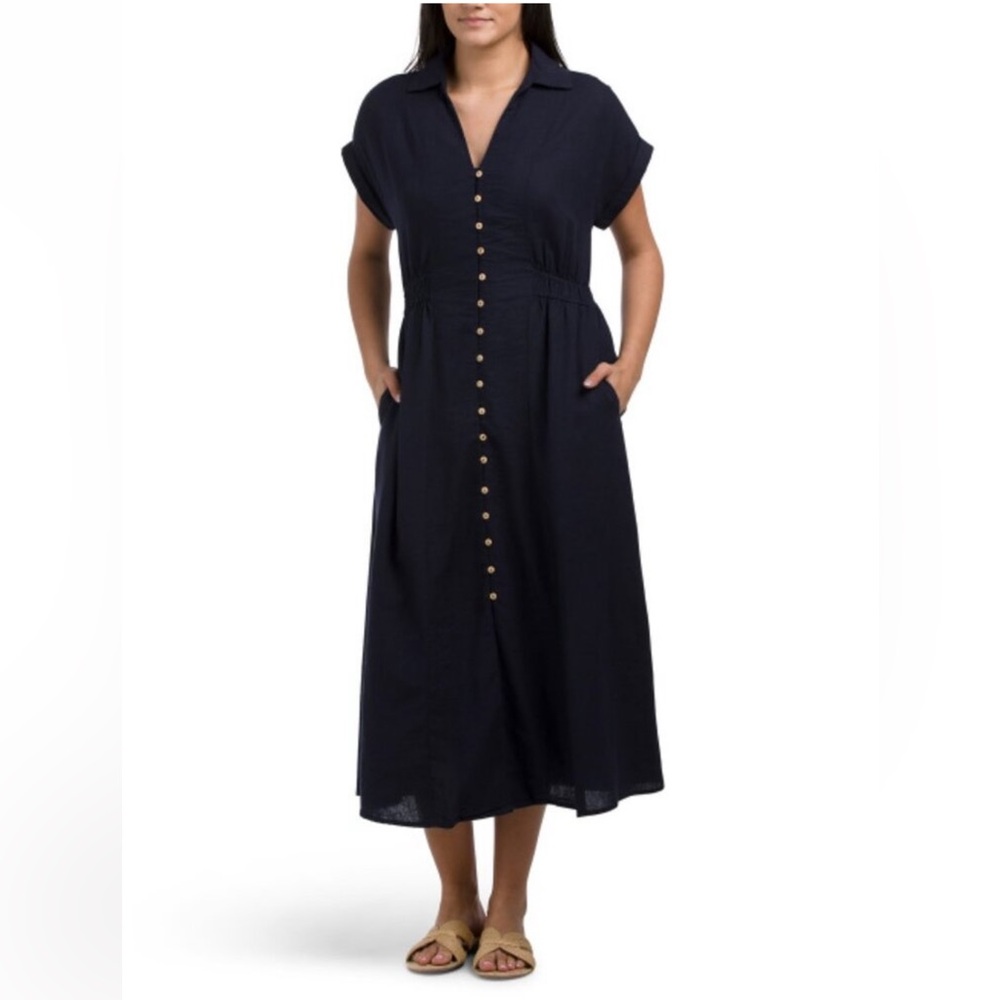 Elie Tahari Women’s Navy Linen‑Blend Button‑Down Dress XS – Chic, Versatile
